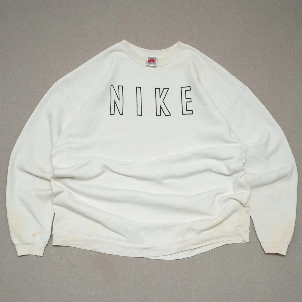 Vintage 90s USA Made Nike Spellout Crewneck Sweatshirt White Distressed XXL